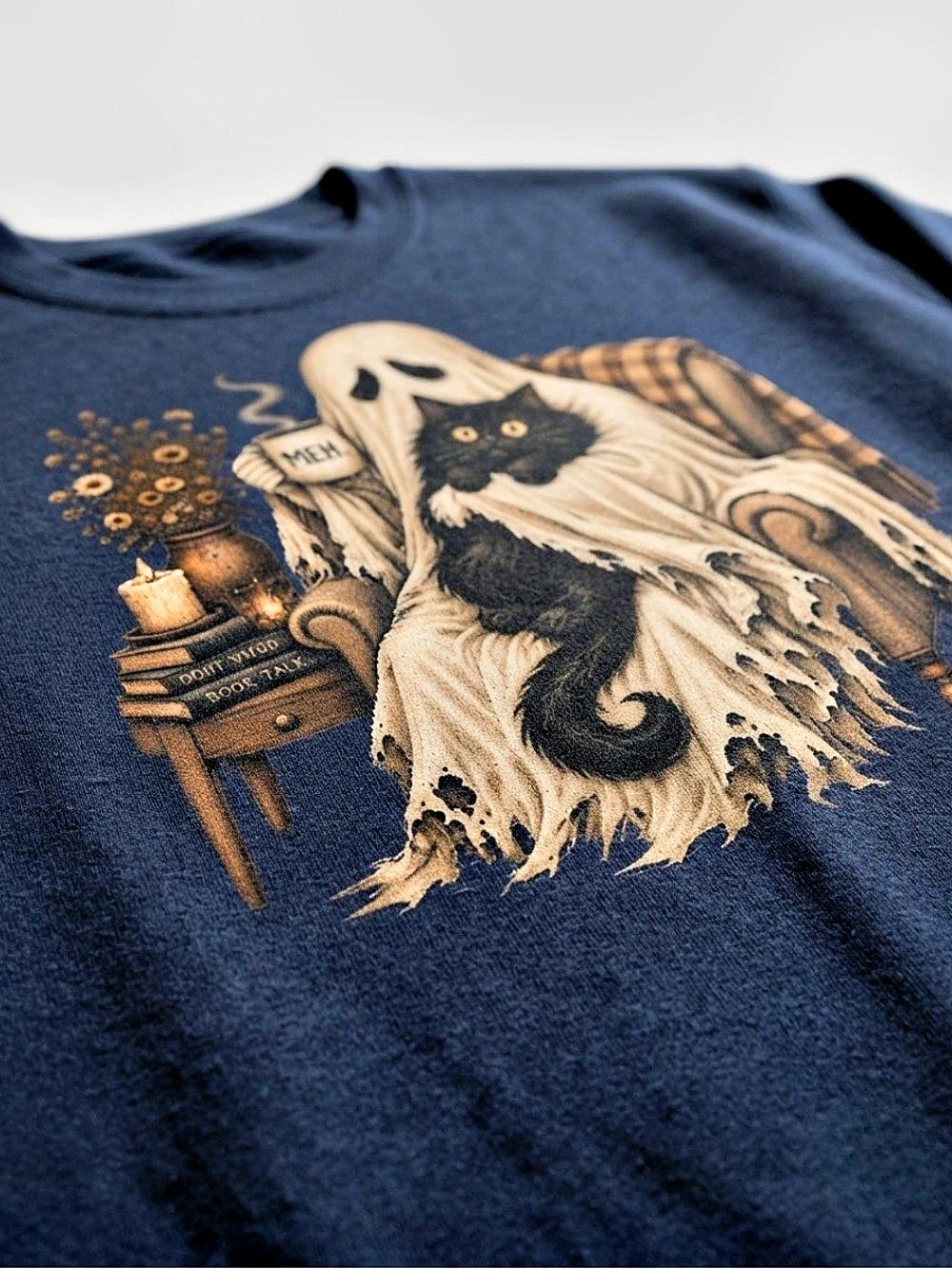 Gildan Funny Ghost and Black Cat Sweatshirt Blue, Vintage Style for Unisex - Picture 2 of 3